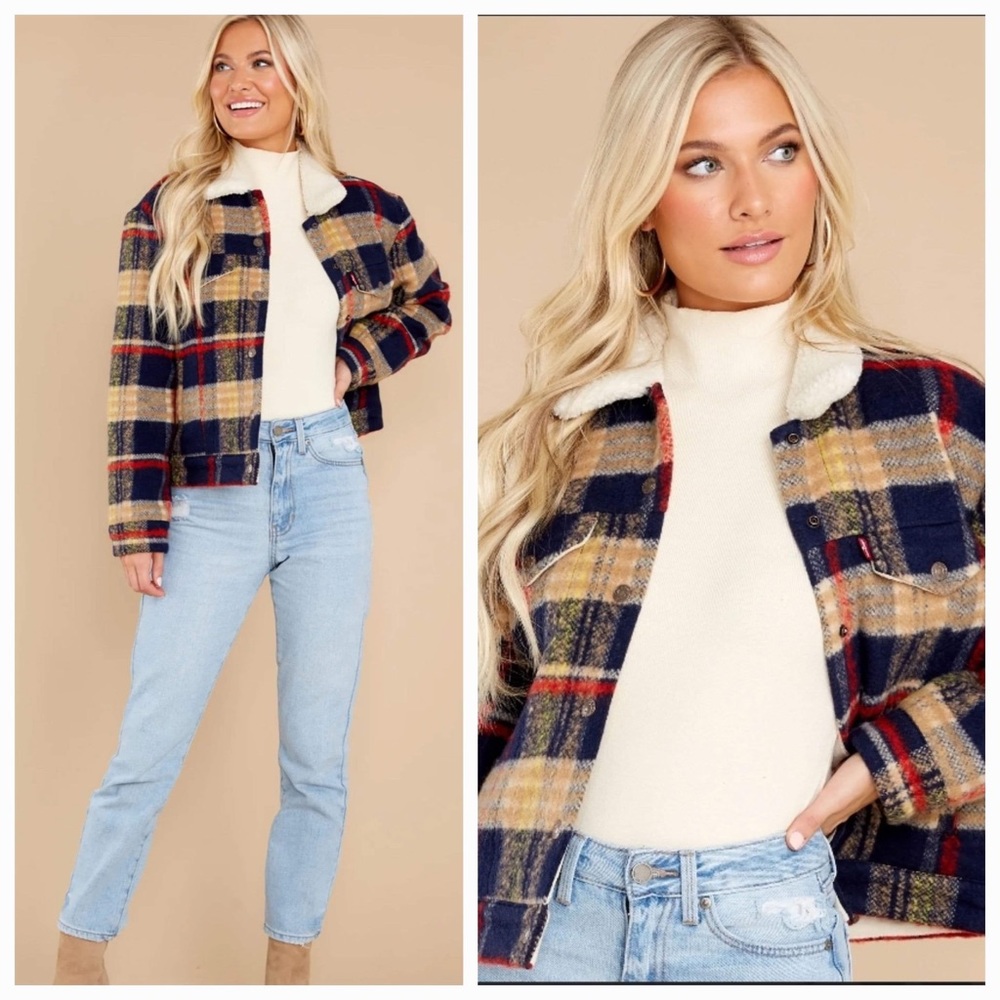 Levi's Plaid Sherpa Collar Jacket in Navy, Tan & Red - Picture 2 of 12